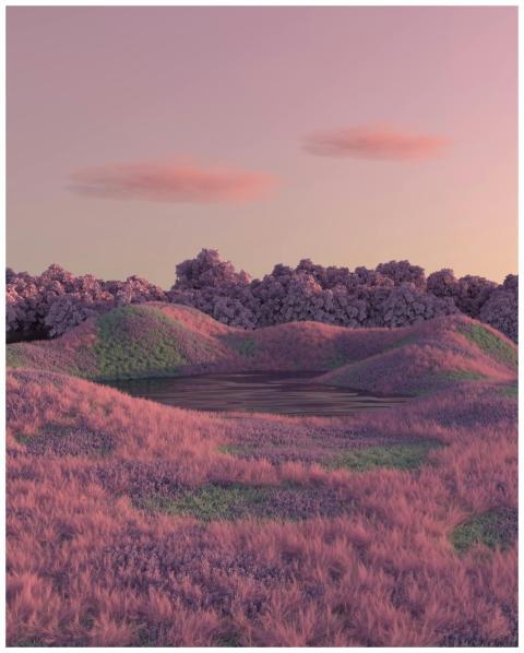 A digital surreal landscape featuring pink clouds,