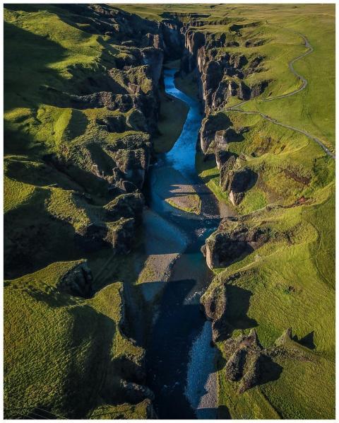 Stunning aerial photograph of a canyon in Iceland,