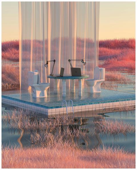 A surrealist scene of a floating desk with compute