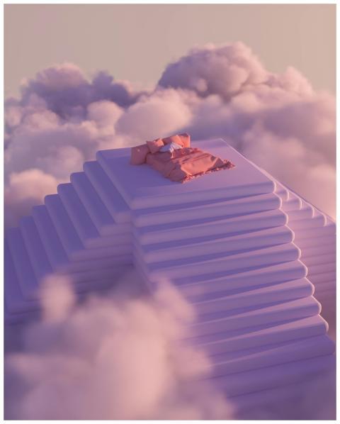 A dreamlike scene with a bed atop stairs surrounde