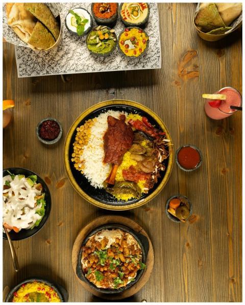 A delicious spread of Middle Eastern cuisine inclu