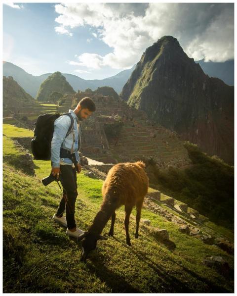Man exploring Machu Picchu with a llama on a sunny