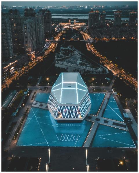 A stunning aerial view of a modern building with v