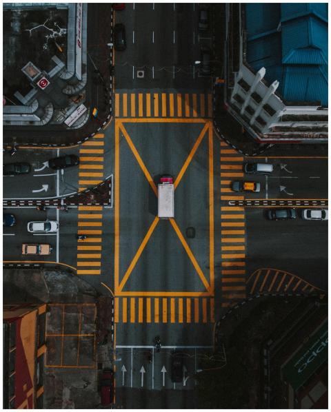 High-angle aerial view of a busy intersection in I