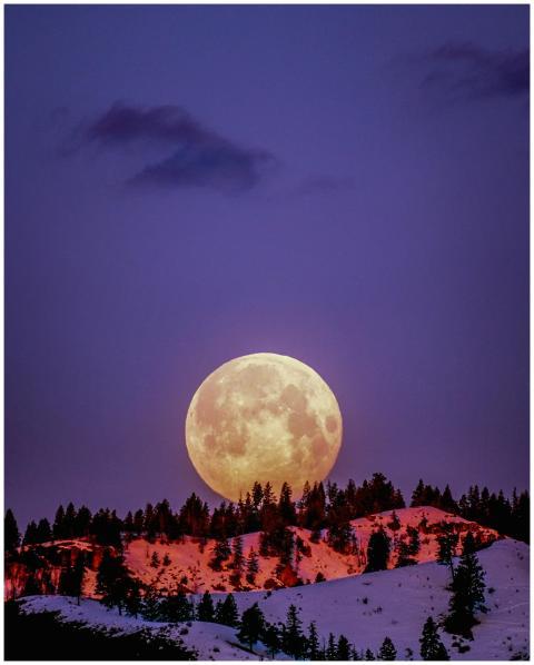A breathtaking supermoon illuminating snow-covered
