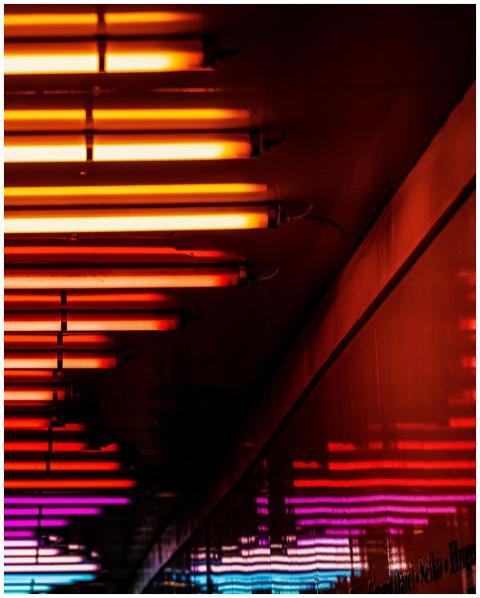 Dynamic neon lights reflecting in a tunnel, creati