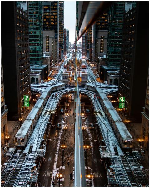 Evening cityscape of Chicago featuring illuminated