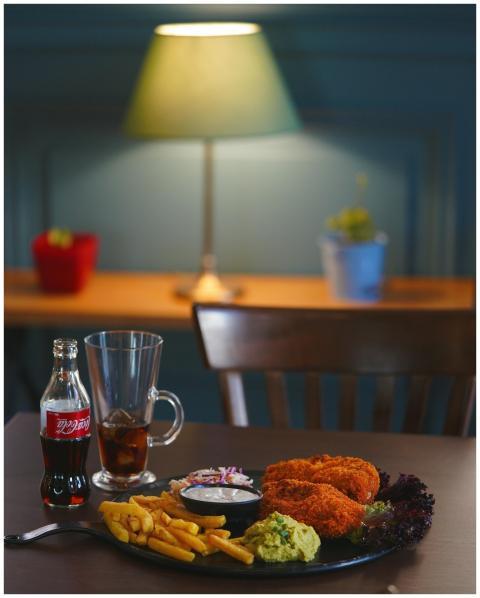 Appetizing fast food meal with fried chicken, frie