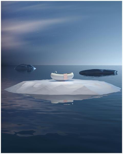 A surreal floating bathtub on an iceberg in a calm