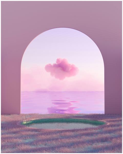Dreamy digital artwork featuring a pink cloud, arc