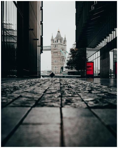Dramatic perspective of Tower Bridge from a cobble