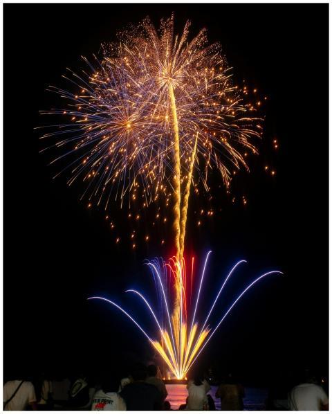 Stunning night fireworks show over Fukuoka beach,