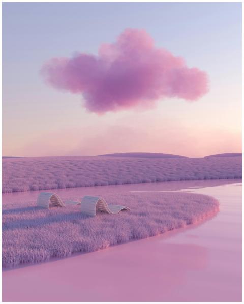 A serene digital artwork of a pink surreal landsca