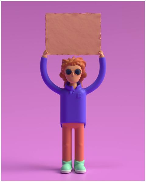 Colorful 3D character holding a blank cardboard si