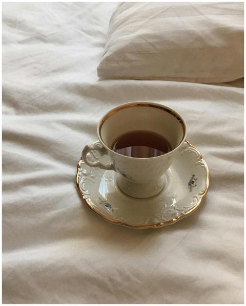 Elegant porcelain cup with tea on a plush bed, cap