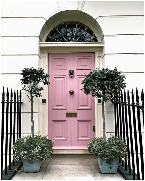 Pink door with decorative facade and potted plants