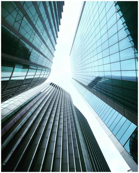 A low-angle view of contemporary skyscrapers in Lo