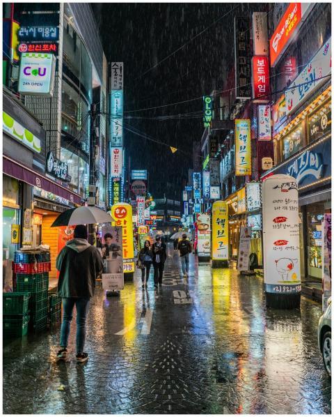 Colorful neon-lit street in Seoul, South Korea sho