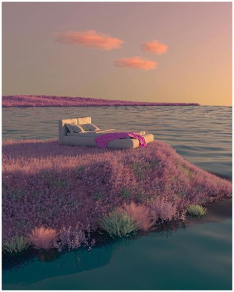 Surreal digital artwork of a bed on a floating lav