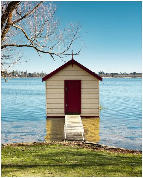 Picturesque boathouse on Lake Wendouree with a ser