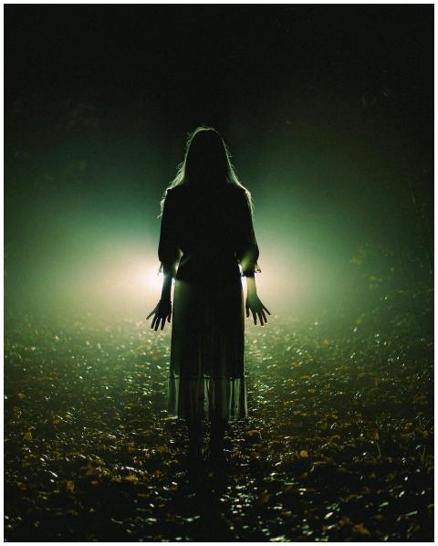 A silhouette of a woman stands eerily in a misty f