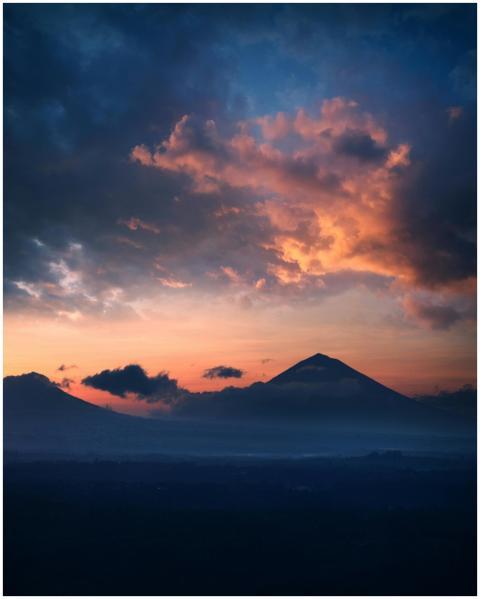 Majestic sunrise over Mount Agung in Bali with vib