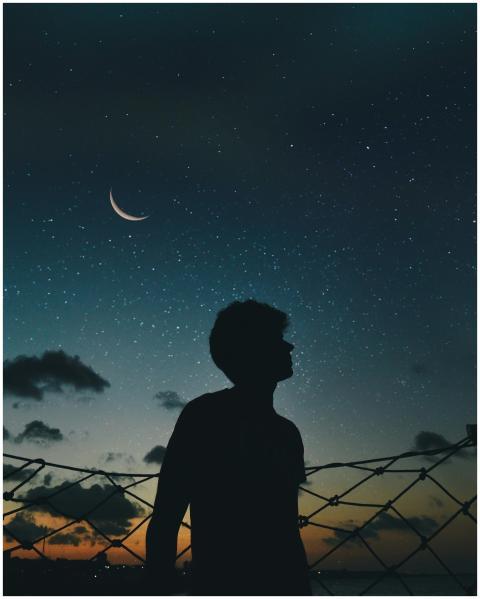 A lone silhouette stands beneath a crescent moon a