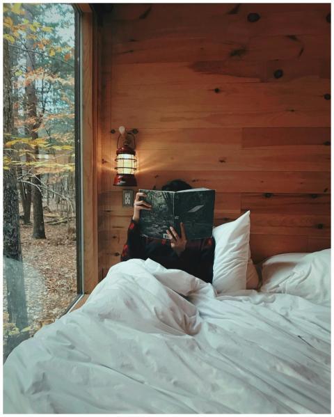 Person comfortably reading in a warm wooden cabin