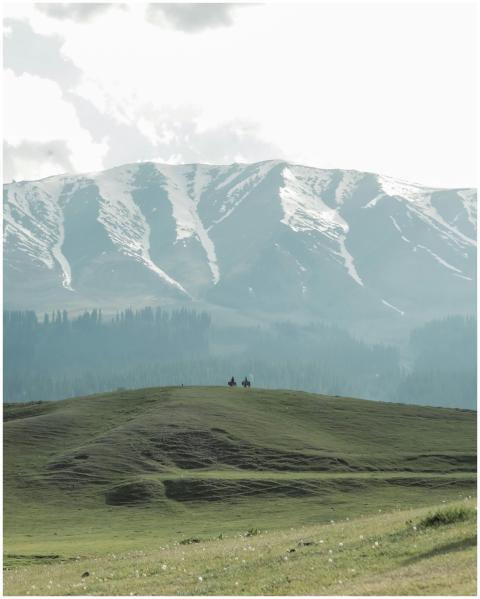 A scenic view of horse riders on green hills with