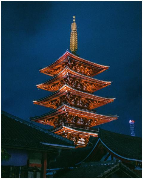 A beautifully lit five-story pagoda against the ni