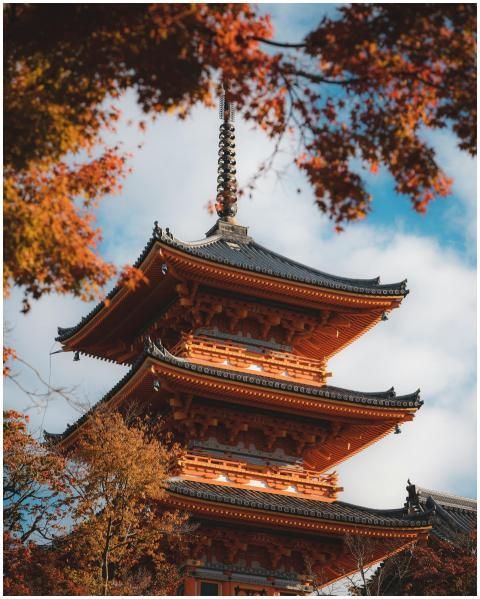 A beautiful pagoda framed by vibrant autumn leaves