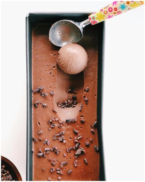 Delicious homemade chocolate ice cream in a tray w