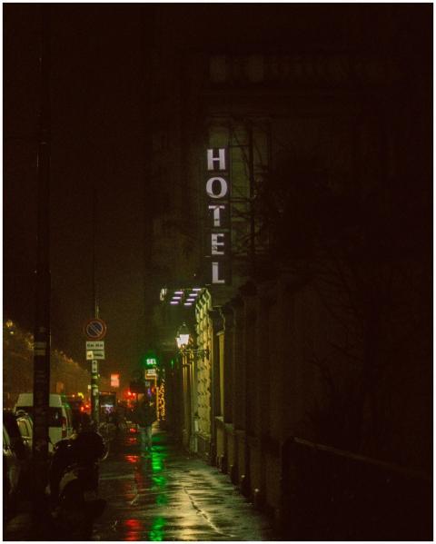 Atmospheric nighttime street scene with a glowing
