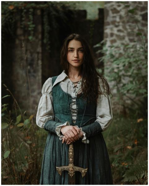 A woman in medieval attire stands confidently with