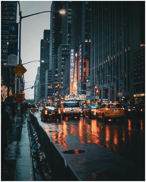 Dramatic city street view of New York's Radio City