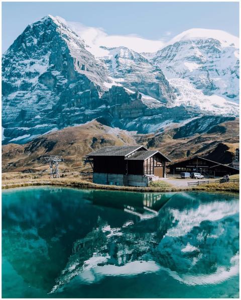 Breathtaking view of the Swiss Alps reflecting in
