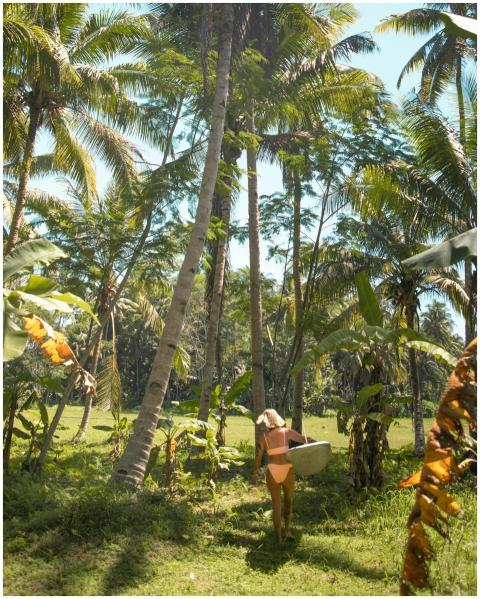 A female surfer walks through a lush palm tree for