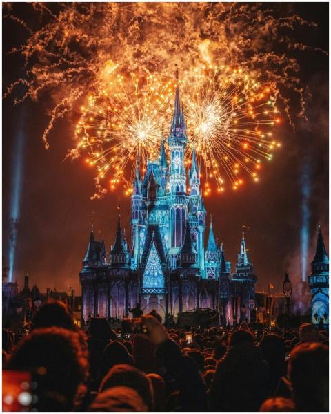Enchanting fireworks illuminate the iconic castle