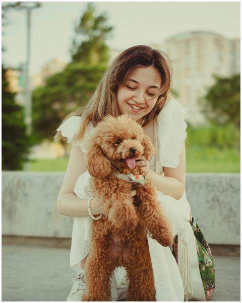 Woman joyfully holding a brown poodle dog in an ur
