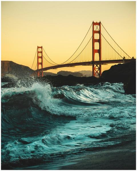 Dramatic view of the Golden Gate Bridge at sunset