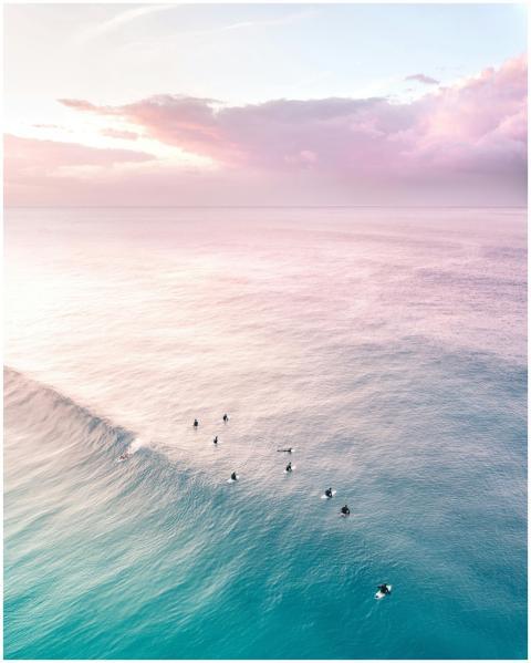 Aerial view of surfers waiting for a wave at sunri