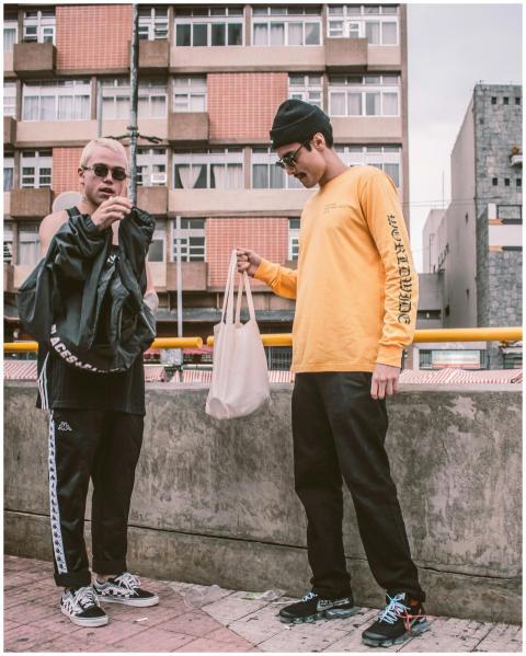 Two men in urban casual outfits and sunglasses on