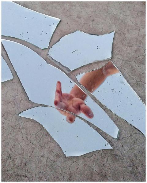 A hand reaching out is reflected in scattered piec