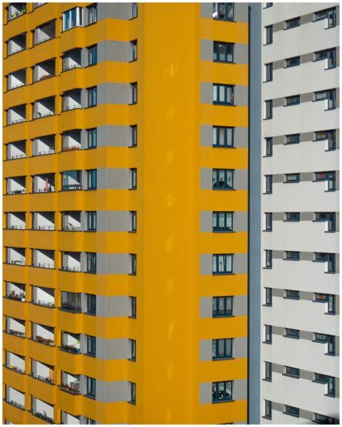 Brightly colored high-rise buildings showcasing mo