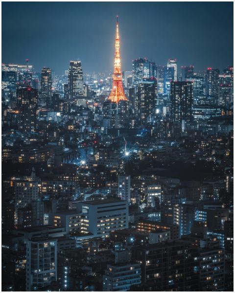 Aerial view of Tokyo's dazzling skyline at night,