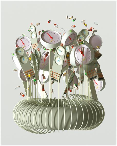 A modern artwork depicting clocks and pills arrang