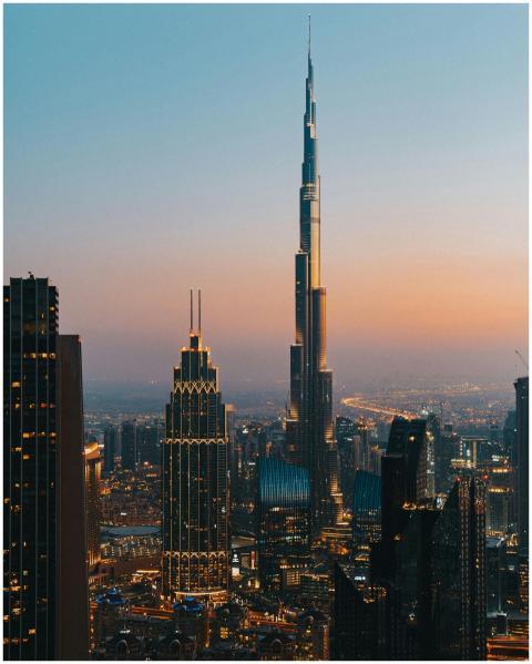A stunning view of the Dubai skyline with Burj Kha