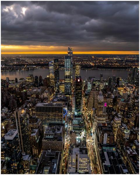 Aerial view of New York City's vibrant skyline dur