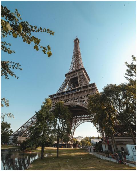 Iconic view of the Eiffel Tower, Paris under a blu