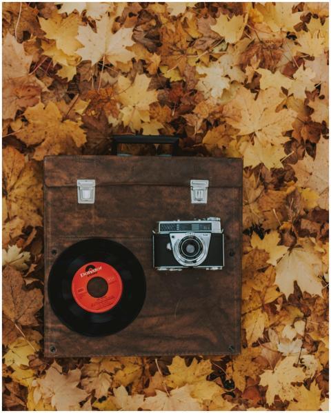 A vintage camera and vinyl record on a wooden box